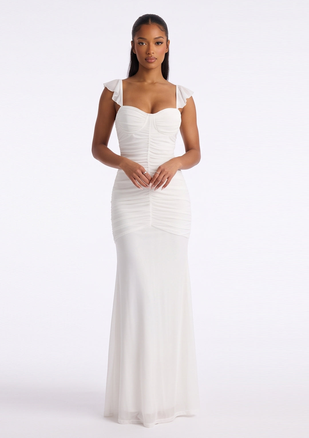 The Élodie Ivory Ruched Maxi Dress