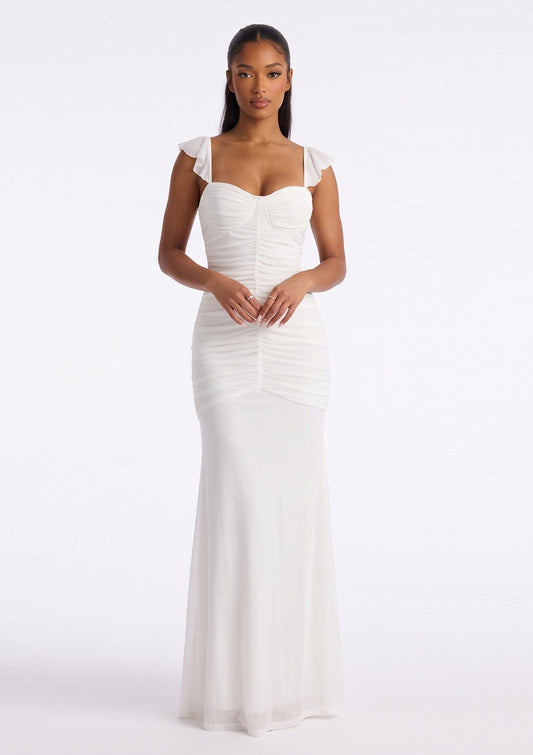 The Élodie Ivory Ruched Maxi Dress