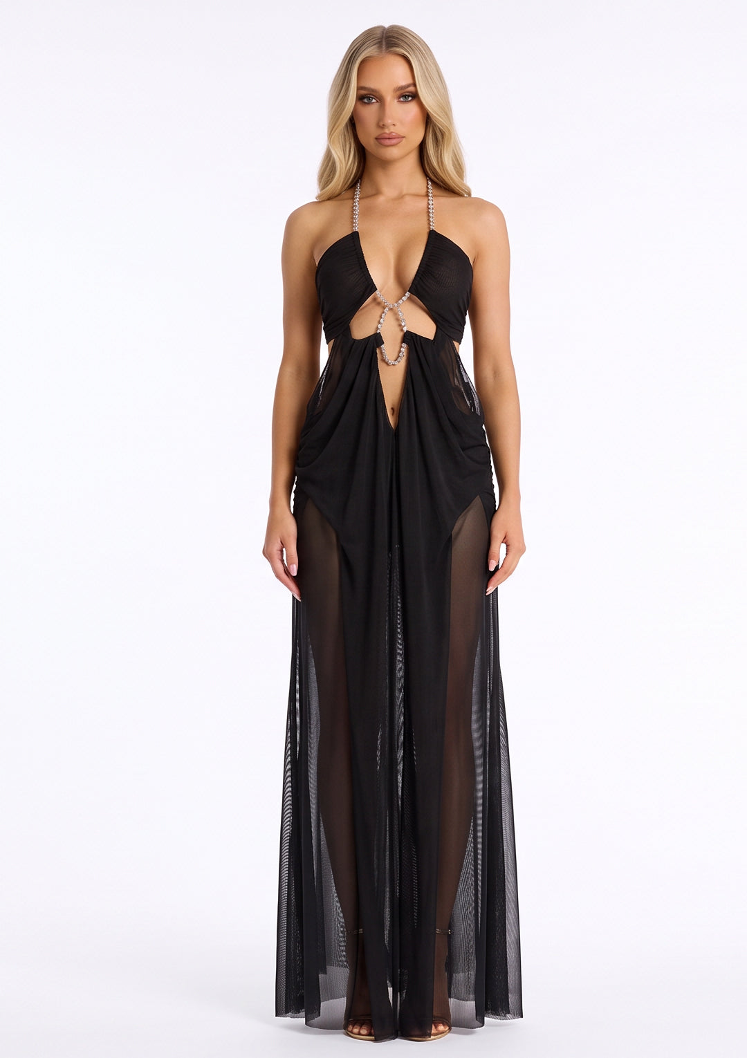 The Black Goddess Jeweled Halter Maxi Dress.