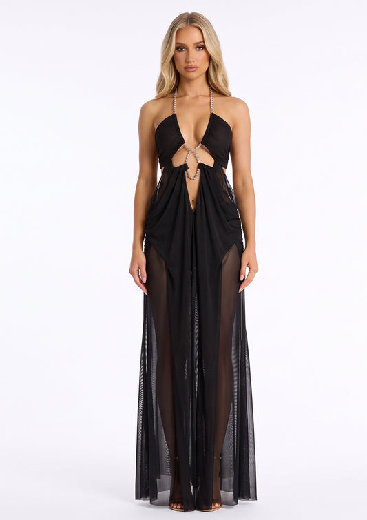 The Black Goddess Jeweled Halter Maxi Dress.